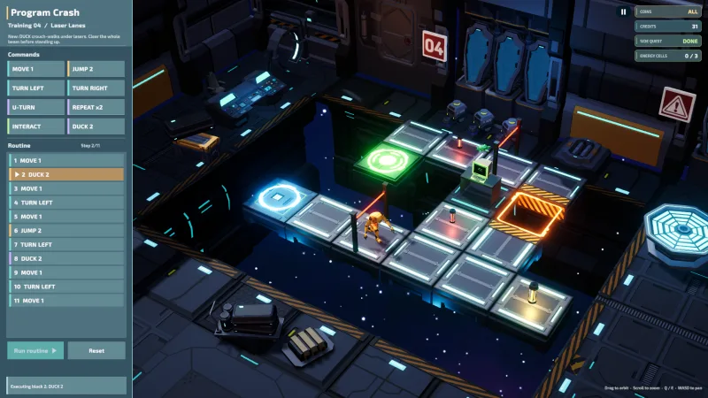 The robot ducks beneath a row of laser beams