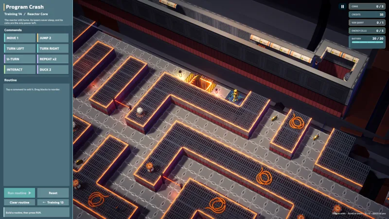 The robot crosses a course beside a glowing reactor core